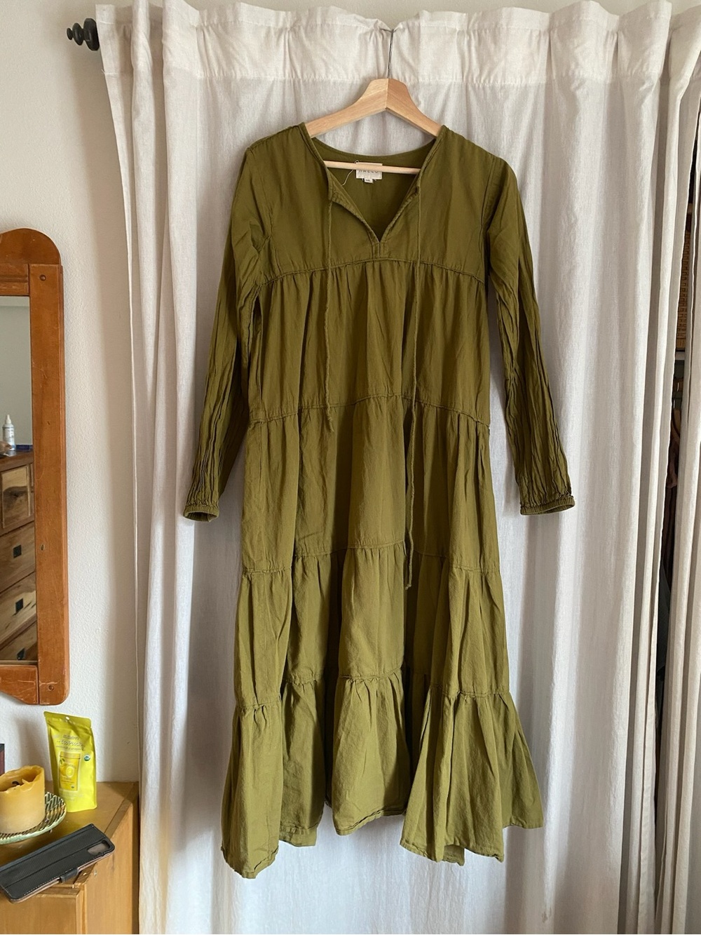 Olive Tiered V‑Neck Maxi Dress - Lightweight Long Sleeve